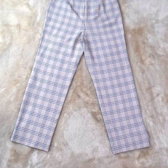 Womens Dress Pants Small Plaid Beige Blue Cropped Capris Preppy Casual Slacks - Picture 3 of 14